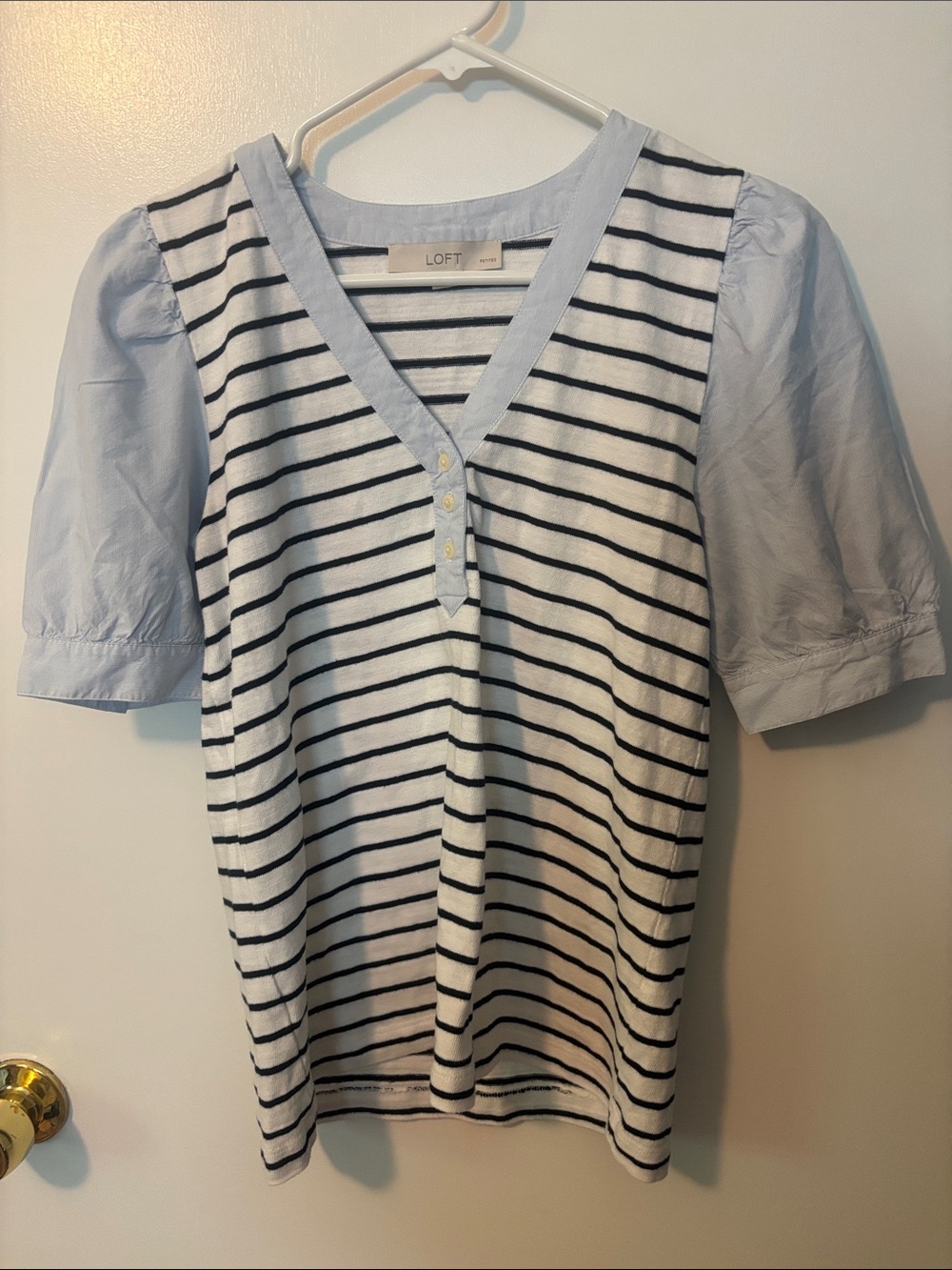 Coastal New England Summer Dockside Classic LOFT Navy Striped Puff Sleeves PXS